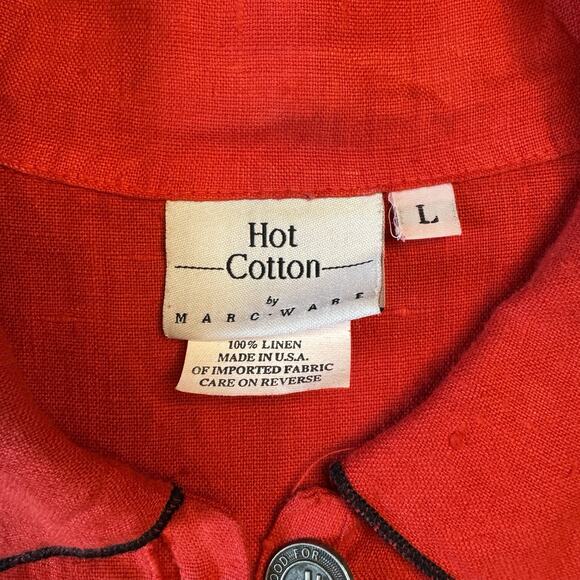 VTG Hot Cotton Marc Ware 100% Linen Red Button Down Short Sleeve Blouse Sz L USA - Picture 2 of 5